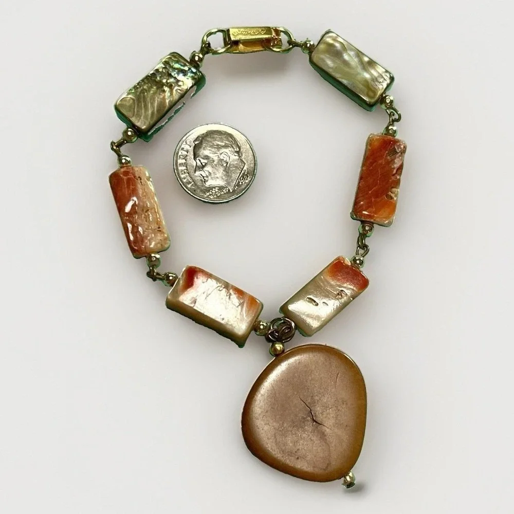 Vintage Celebrity Link Bracelet Polished Abalone & Coral Shell w Tagua Nut Charm